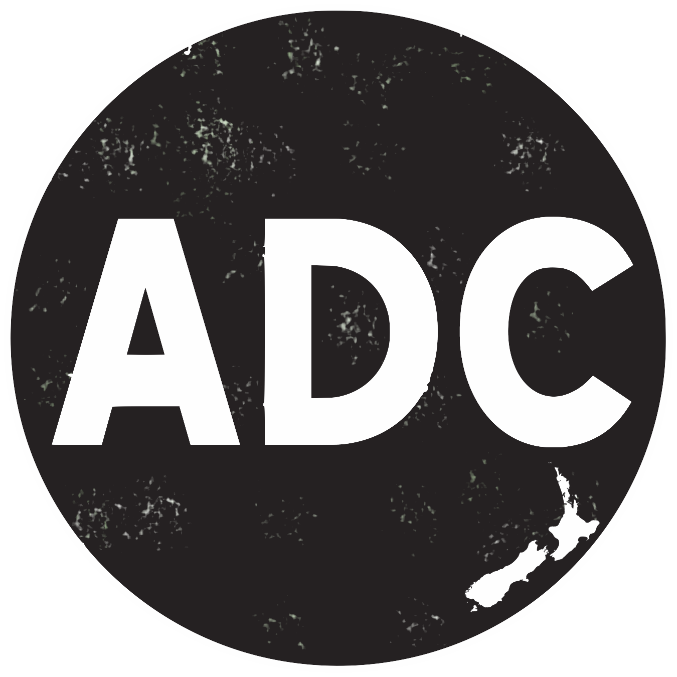 ADC logo - white wording ADC on black with NZ map